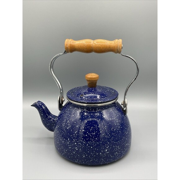 The Unbranded Brand Other - Vintage Blue White Speckled Enamelware Goose Neck Teapot Tea Kettle